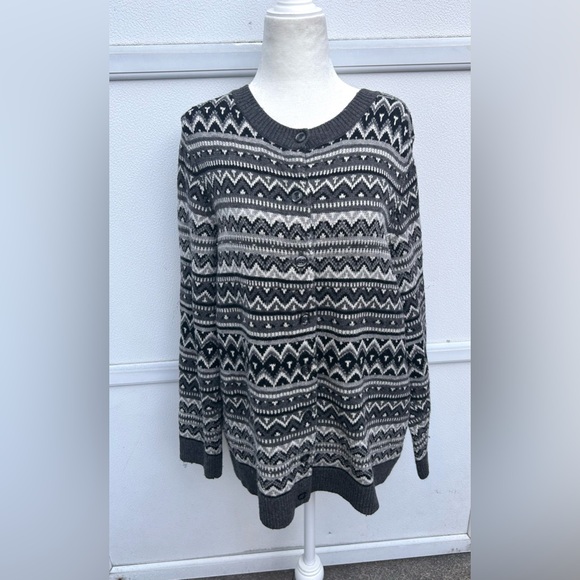 Talbots Cardigan Sweater Fair Isle Knit Lambswool Blend X/XL Gray Beaded Nordic - Picture 3 of 12